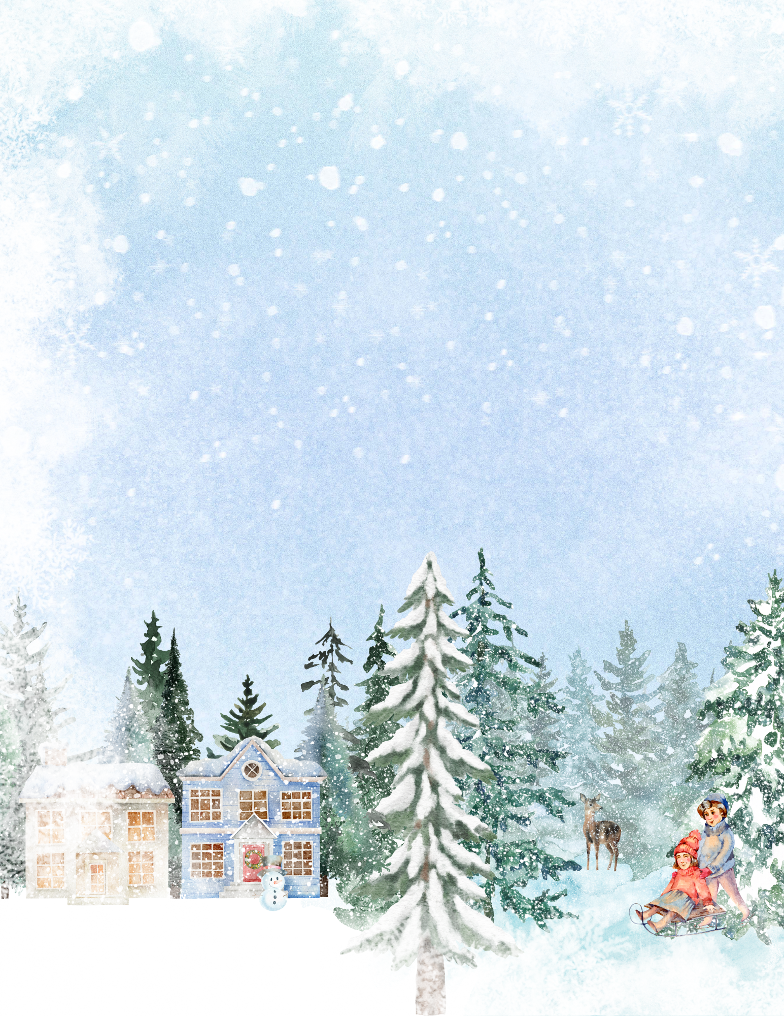 A snowy winter scene features a deer in the background and two children sledding near pine trees. A snowman stands before a cozy, lit-up house amidst snow-covered trees. Snowflakes gently fall, inviting you to romanticize winter's charm.