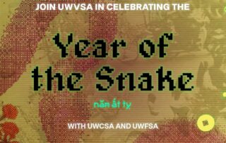 Festive poster with snake motifs and decorative patterns. Text reads: "Join UWVSA in celebrating the Lunar New Year: Year of the Snake with UWCSSA and UWFBSA. Sponsored by ID FUND." Date: 2023.01.30. Location: SLC Great Hall Student Lounge on campus.