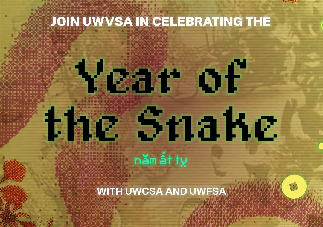 Festive poster with snake motifs and decorative patterns. Text reads: "Join UWVSA in celebrating the Lunar New Year: Year of the Snake with UWCSSA and UWFBSA. Sponsored by ID FUND." Date: 2023.01.30. Location: SLC Great Hall Student Lounge on campus.