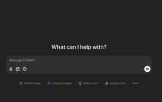 A dark interface features a text input box asking, "What can I help with?" This echoes the rise of ChatGPT. Below are options like "Create image," "Analyze images," and more—signifying AI's expanding role in enhancing productivity and creativity.