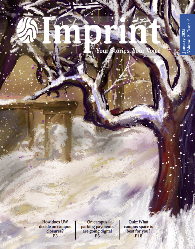 The "Imprint" magazine cover, part of the January 2025 publication, features a snow-draped tree in a serene winter scene. This issue delves into campus closures, digital parking permits, and a fun campus space quiz as delicate snowflakes softly descend around the tree.