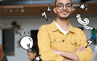 A person in a mustard jacket stands confidently with arms crossed, smiling like a winning candidate. Behind them, three people work at desks, perhaps discussing the WUSA elections. The image features doodles of a lightbulb, phone, and lightning bolts.