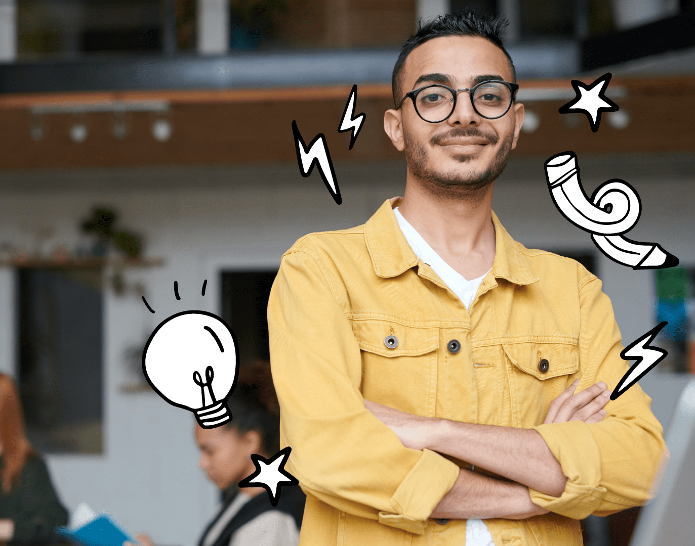 A person in a mustard jacket stands confidently with arms crossed, smiling like a winning candidate. Behind them, three people work at desks, perhaps discussing the WUSA elections. The image features doodles of a lightbulb, phone, and lightning bolts.