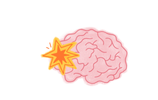 Illustration of a brain with a cartoon-style explosion overlay on the left side, representing a headache or mental stress. Created by a UW alum revolutionizing concussion detection, the pink brain with prominent folds contrasts with the vibrant orange and yellow explosion.