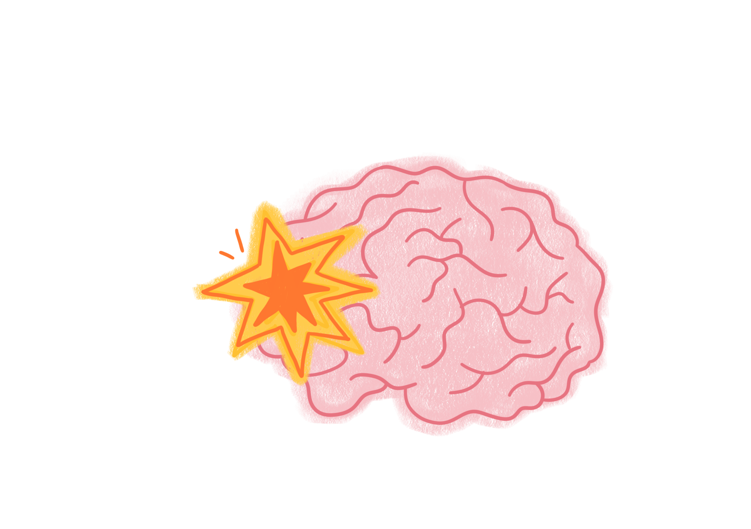 Illustration of a brain with a cartoon-style explosion overlay on the left side, representing a headache or mental stress. Created by a UW alum revolutionizing concussion detection, the pink brain with prominent folds contrasts with the vibrant orange and yellow explosion.