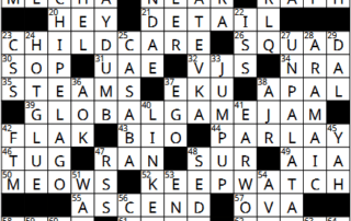 A black and white crossword puzzle is filled with words such as "SPA," "CHILDCARE," "GLOBALGAMEJAM," and "ASCEND." Some notable black squares and intersecting words can be seen throughout the grid.