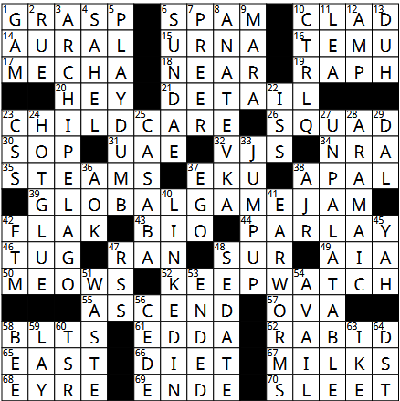 A black and white crossword puzzle is filled with words such as "SPA," "CHILDCARE," "GLOBALGAMEJAM," and "ASCEND." Some notable black squares and intersecting words can be seen throughout the grid.