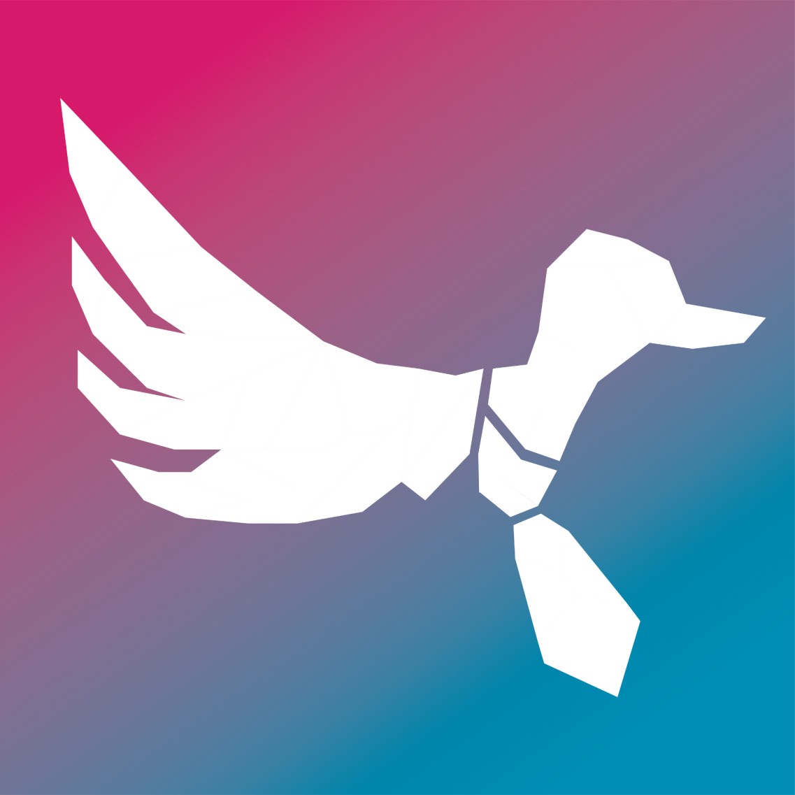 Silhouette of a stylized bird with a pointed beak and a tie, set against a pink to blue gradient background. The geometric wings lend an inside look into the fusion of business and tech aesthetics.