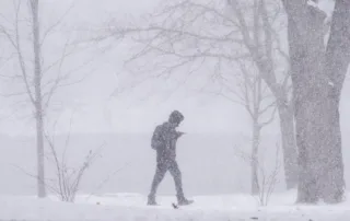 A person bundled in winter clothing, including a hood, braves the polar vortex as they walk through heavy snowfall. They glance at a phone in hand. Bare trees surround them, and the ground is covered in snow, creating a wintry scene.