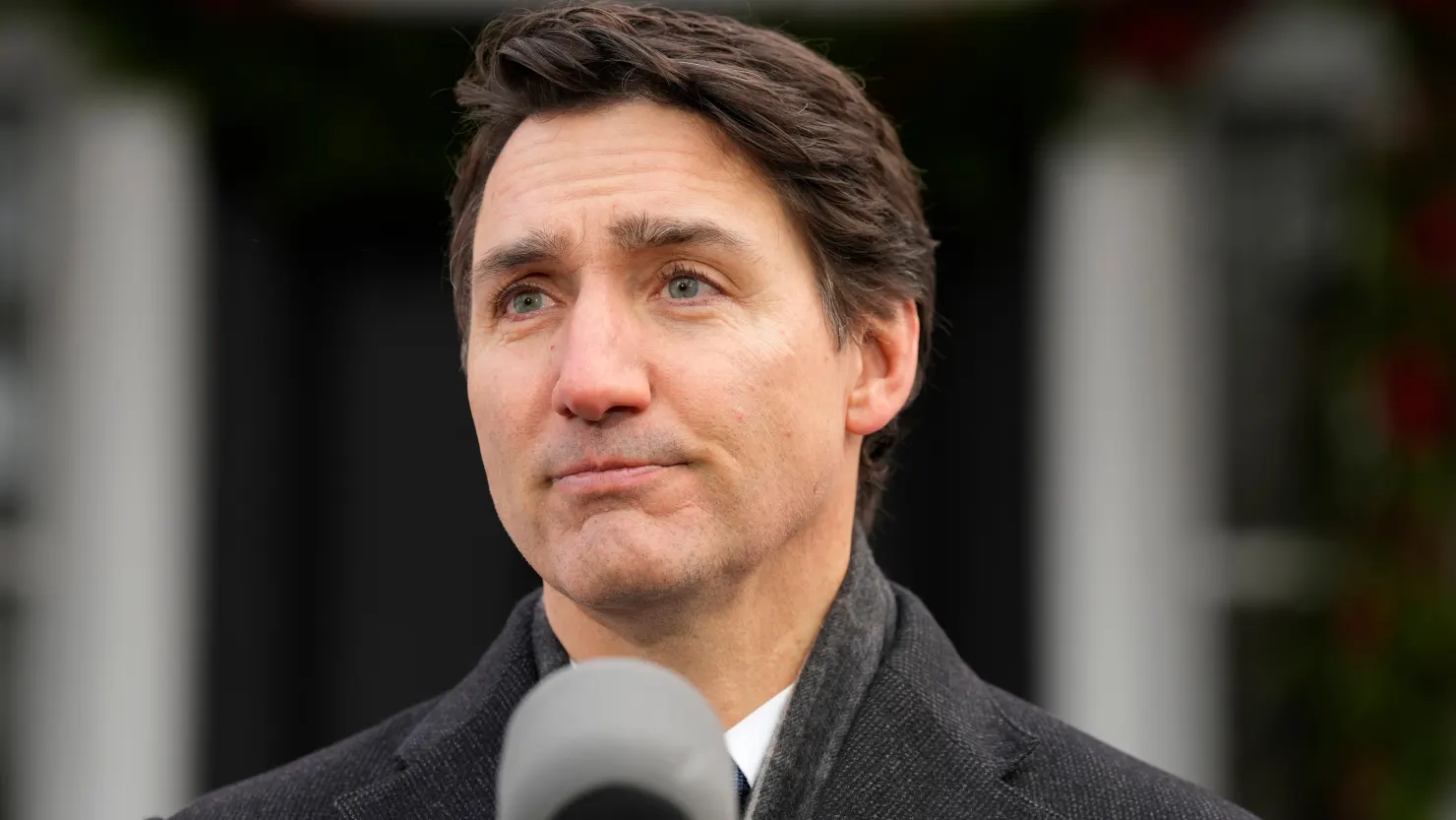 Under the cool sky, a person with short dark hair and clad in a dark coat speaks passionately into the microphone outdoors, as onlookers ponder Trudeau’s resignation.