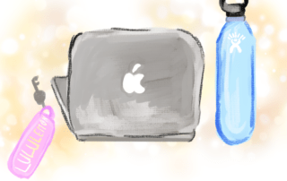 Illustration of a laptop with an apple logo, a pink Lululemon keychain, and a blue water bottle with a black cap, embodying quiet luxury. The items are sketched in a soft, pastel style against a warm, glowing background.