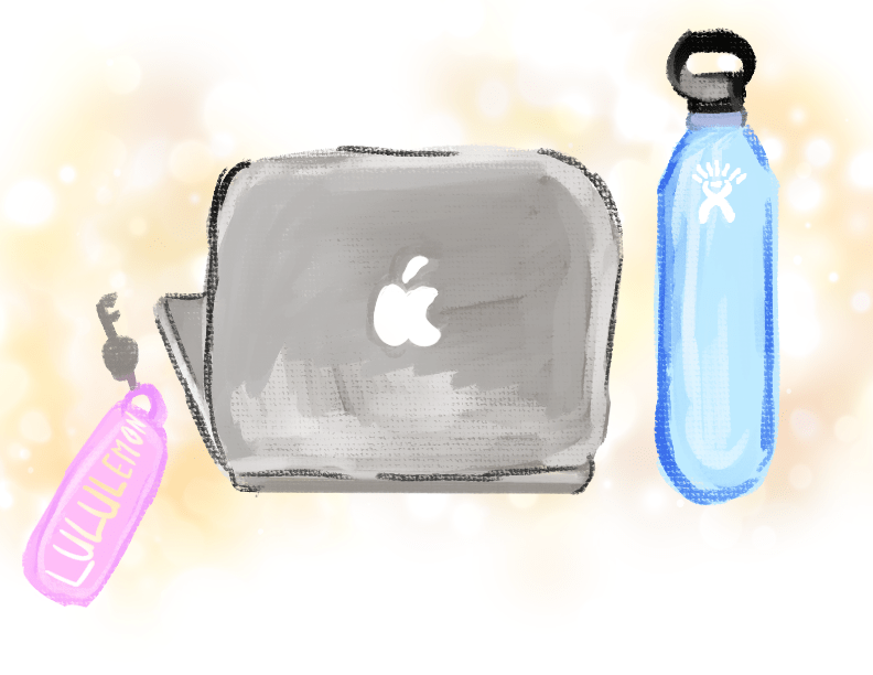 Illustration of a laptop with an apple logo, a pink Lululemon keychain, and a blue water bottle with a black cap, embodying quiet luxury. The items are sketched in a soft, pastel style against a warm, glowing background.