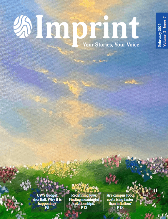 A magazine cover titled "Imprint," featuring a painted landscape with a colorful meadow and a sky with clouds. Headlines include topics on budget shortfall, meaningful relationships, and campus food costs.