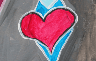 Experience the spirit of "Have a Heart Day" through this abstract painting, featuring a bright red heart with a white outline. Surrounded by geometric shapes in shades of gray, blue, purple, and pink, it offers a stained glass appearance that invites you to be a part of what it means to appreciate art.