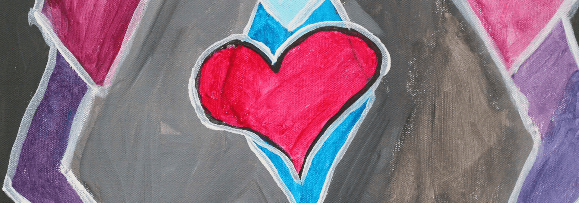 Experience the spirit of "Have a Heart Day" through this abstract painting, featuring a bright red heart with a white outline. Surrounded by geometric shapes in shades of gray, blue, purple, and pink, it offers a stained glass appearance that invites you to be a part of what it means to appreciate art.