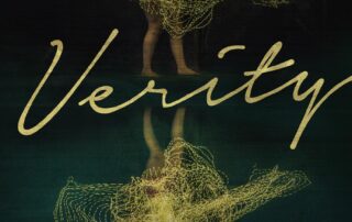 The book cover of Colleen Hoover's "Verity" features a distorted, abstract yellow figure resembling a person on a dark teal background with its reflection below. Accompanied by the author's name and an intriguing book review quote praising this gripping tale.