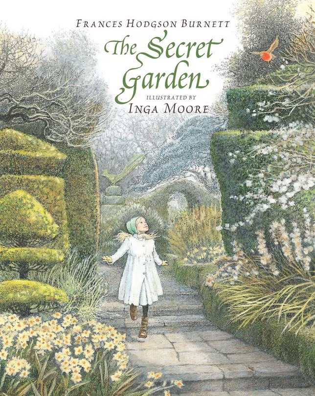 A young girl in a white dress and green headscarf joyfully walks through a lush garden path, embodying the transformative power of nature. Moss-covered trees and flowers surround her under a cloudy sky, with a bird perched above. The text reads "The Secret Garden" by Frances Hodgson Burnett.