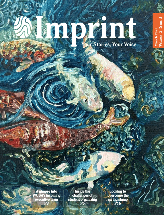 A vibrant magazine cover for the March 2025 publication, featuring an abstract painting of swirling fish, including a koi. The background is a blend of rich blues and greens. The magazine, titled "Imprint," lists issue details and article highlights.