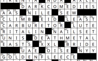 A completed March crossword with words like "NICEST," "DARK COMEDIES," and "CARBURETOR" intersects vertically and horizontally. These solutions create an engaging grid with a mix of longer and shorter words, including the intriguing "GOLDEN FLEECE" and intense "DEATH METAL.