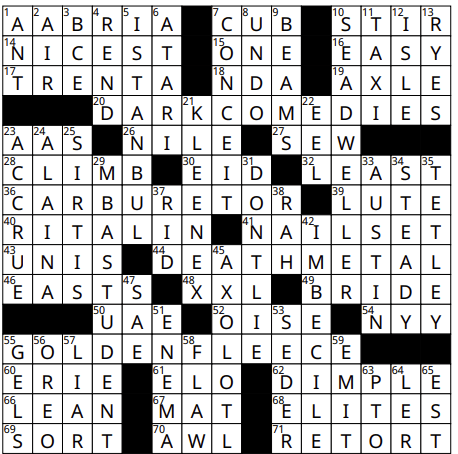 A completed March crossword with words like "NICEST," "DARK COMEDIES," and "CARBURETOR" intersects vertically and horizontally. These solutions create an engaging grid with a mix of longer and shorter words, including the intriguing "GOLDEN FLEECE" and intense "DEATH METAL.