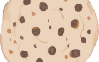 Illustration of a chocolate chip cookie with a light brown base and scattered dark brown chocolate chips. The cookie has an uneven, hand-drawn appearance with a textured surface.