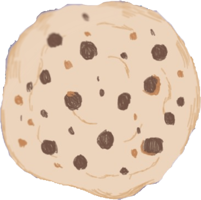 Illustration of a chocolate chip cookie with a light brown base and scattered dark brown chocolate chips. The cookie has an uneven, hand-drawn appearance with a textured surface.