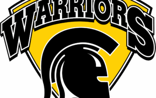 A yellow and black shield with a bold word "WARRIORS" at the top and a stylized black Spartan helmet in the center.