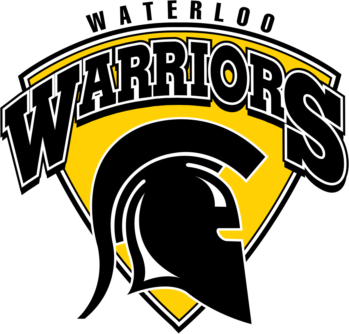 A yellow and black shield with a bold word "WARRIORS" at the top and a stylized black Spartan helmet in the center.