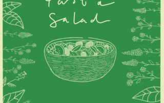 A green illustration features a hand-drawn bowl of pasta salad in the center, surrounded by leafy and floral patterns. Handwritten text above the bowl reads "pesto pasta salad.