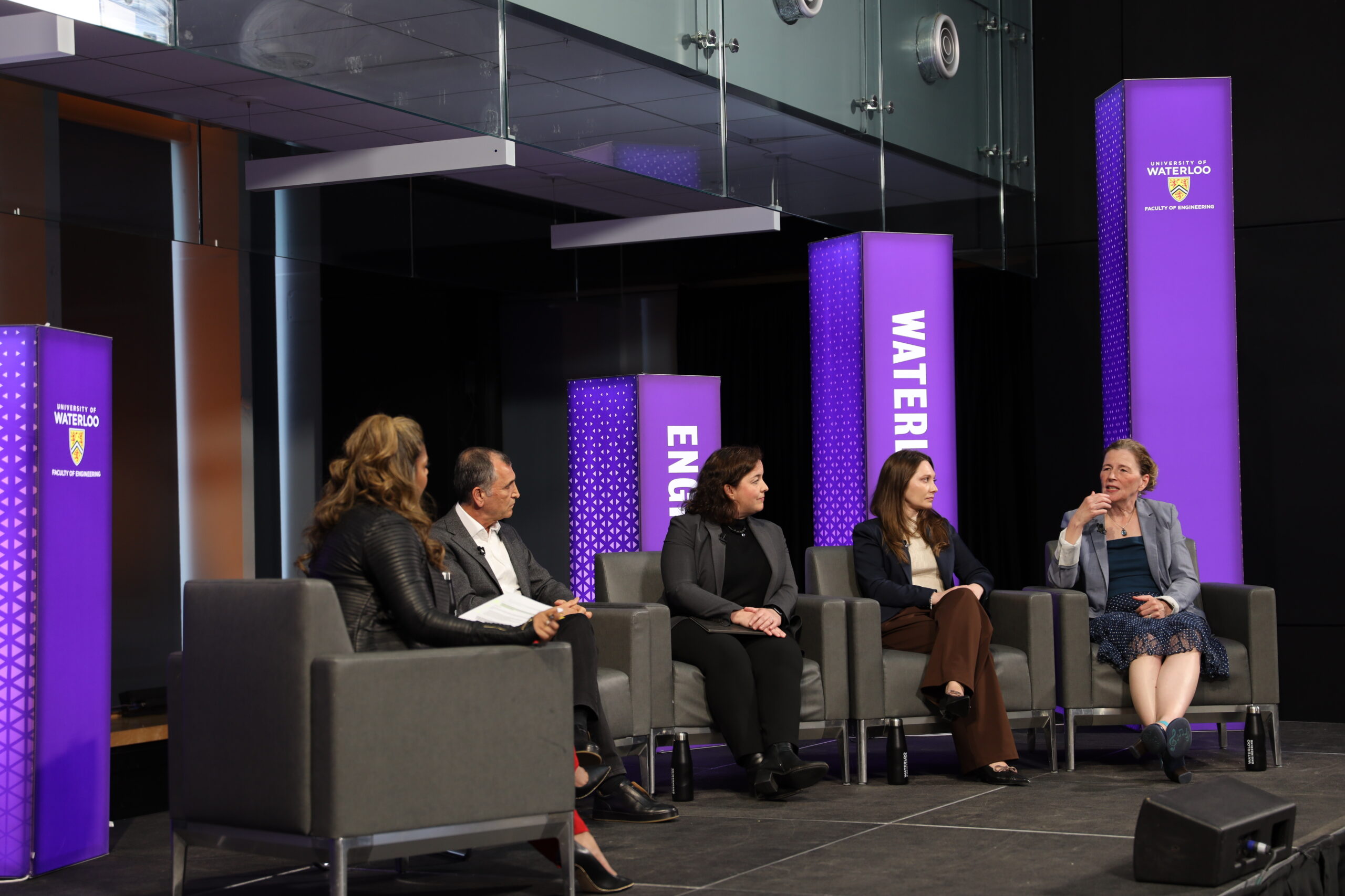 Public lecture held by UW TRuST Network: The Iron Ring at 100 - Trust, Transformation and the Future of Canadian Engineering. From left, Molly Thomas, Hamid Arabzadeh, Stephanie Hazelwood, Ashley Melenbacher, and Mary Wells.