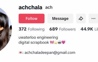 A woman smiles while holding a small dog. Her TikTok profile, "achchala," has 689 followers and 44.9K likes. A campus influencer, her bio mentions "uwaterloo engineering," “digital scrapbook,” and behind the scenes moments of student life.