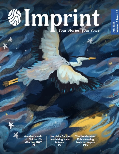 A painted cover of "Imprint" magazine shows a heron flying over swirling blue and yellow water, with text highlighting stories about tariffs, hiking trails, and a campus pub.