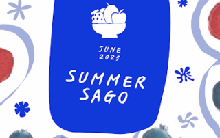 A colorful poster featuring strawberries and blueberries around a blue rectangle with white text that reads “June 2025 SUMMER SAGO Recipe.” Small abstract blue shapes decorate the background.