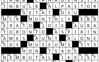 A completed crossword puzzle with black and white squares. Some visible answers include "CANADENSIS," "ALPASTOR," "MUSEUMS," "ASPIRIN," "MONTHLY," and "PROPOSITION.