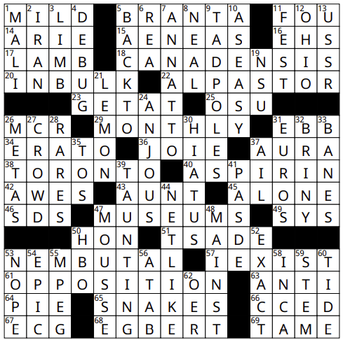 A completed crossword puzzle with black and white squares. Some visible answers include "CANADENSIS," "ALPASTOR," "MUSEUMS," "ASPIRIN," "MONTHLY," and "PROPOSITION.