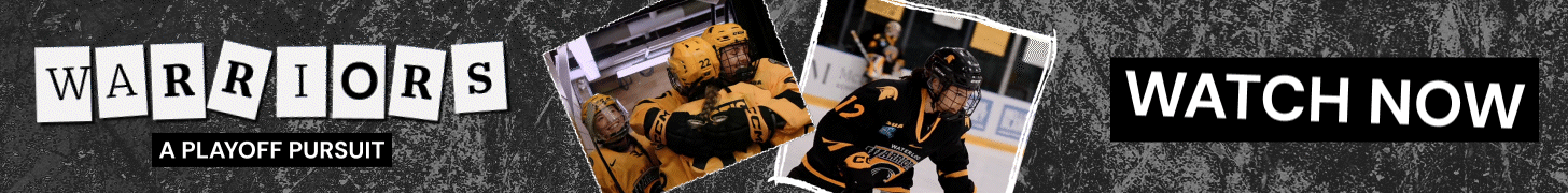 Banner with "Warriors: A Playoff Pursuit" in cut-out letters, two photos of hockey players in black and yellow uniforms, and a bold "Watch Now" call to action—perfect for any hockey doc—on a textured black background.