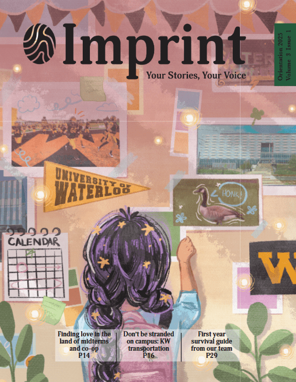 A person with braided hair points at a bulletin board filled with photos, posters, and notes—including a "University of Waterloo" banner—in this Imprint publication cover highlighting Orientation 2025.