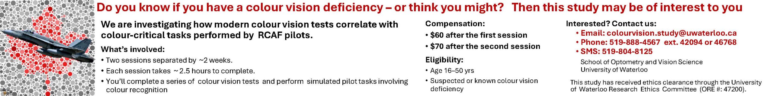 Banner recruiting participants with possible color vision deficiency for a research study involving RCAF pilots. Includes study details, session info, compensation, eligibility, and contact information over red and gray dots with a jet image.