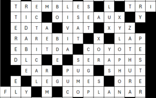 A completed crossword puzzle with answers such as "COROLLA," "TWITTER," and "EBITDA" visible across and down the grid, showcasing the September crossword solutions in a neatly filled layout.
