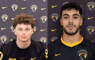 Two male athletes, Kevin Espiro and Evan Astolfo, in black and yellow Waterloo Warriors jerseys pose for portraits against a backdrop featuring the team logo—your Athletes of the Week. The left athlete has short curly hair; the right has short dark hair and facial hair.