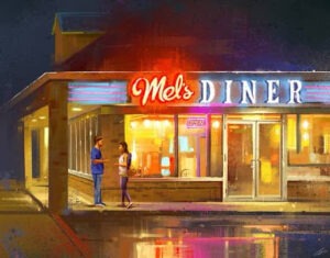 Two people stand outside Mel’s Diner at night, illuminated by neon lights and a glowing "open" sign. The wet street reflects the colorful lights in this striking digital art piece by Trevor Clare, capturing one of KW landmarks beautifully.