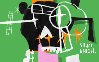 Abstract artwork on a green background features bold shapes and text reading "SHAD" and "START ANEW," echoing the vibrant, playful style of Shad's new album with energetic lines, geometric elements, and a standout flower motif.