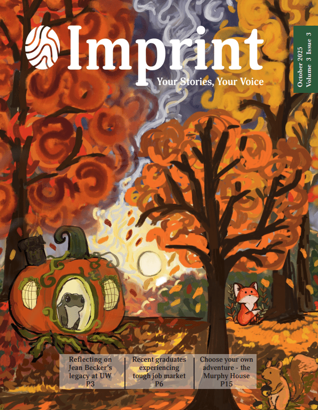 A whimsical autumn scene with orange and red trees, a raccoon in a pumpkin carriage, a fox, and a squirrel. The magazine title "Imprint" and article teasers highlight this October 2025 Publication.