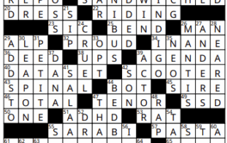 A completed crossword puzzle with various intersecting words, including “SANDWICHED,” “SPINAL,” and “PASTA,” fills the grid—showcasing clever October crossword solutions across every row and column.