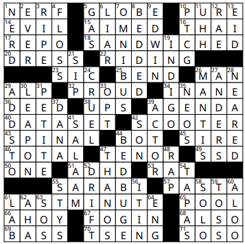 A completed crossword puzzle with various intersecting words, including “SANDWICHED,” “SPINAL,” and “PASTA,” fills the grid—showcasing clever October crossword solutions across every row and column.