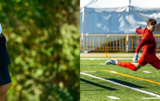 Split image: On the left, a woman golfer swings a club outdoors; on the right, a male soccer goalie in red kicks a ball on a green field near white tents and yellow barriers.