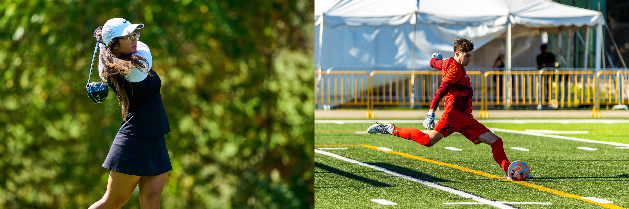 Split image: On the left, a woman golfer swings a club outdoors; on the right, a male soccer goalie in red kicks a ball on a green field near white tents and yellow barriers.