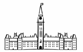 Black and white line drawing of Parliament Hill's iconic government building, featuring a central clock tower with a flag, flanked by two symmetrical wings lined with windows and smaller flags.