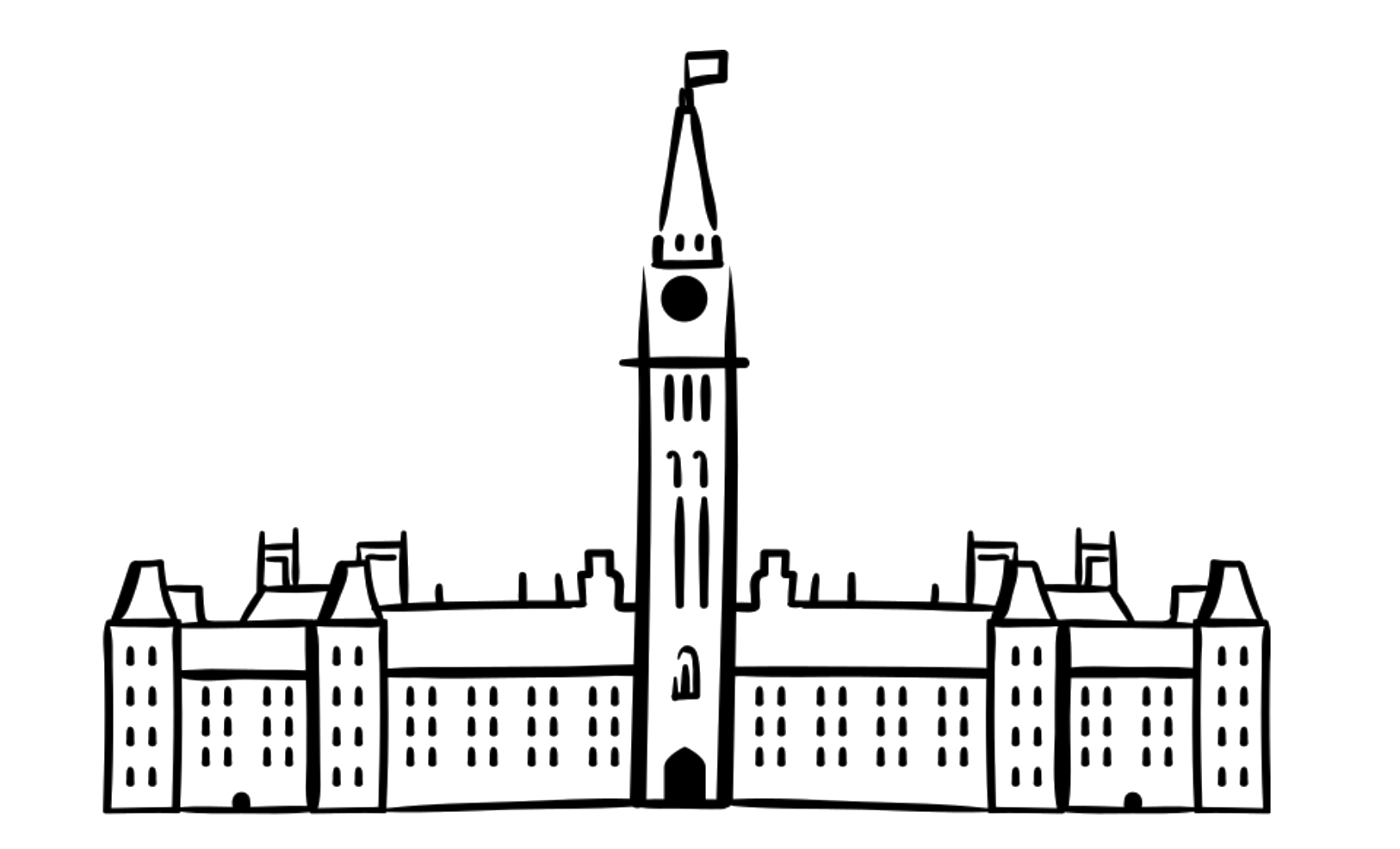 Black and white line drawing of Parliament Hill's iconic government building, featuring a central clock tower with a flag, flanked by two symmetrical wings lined with windows and smaller flags.