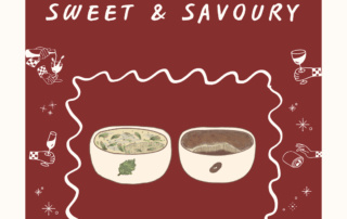 Illustration of two bowls of holiday dips, one green and one brown, on a red background with the text "Holiday Dips* Sweet & Savoury" and festive drawings of hands holding food and drinks around the border.